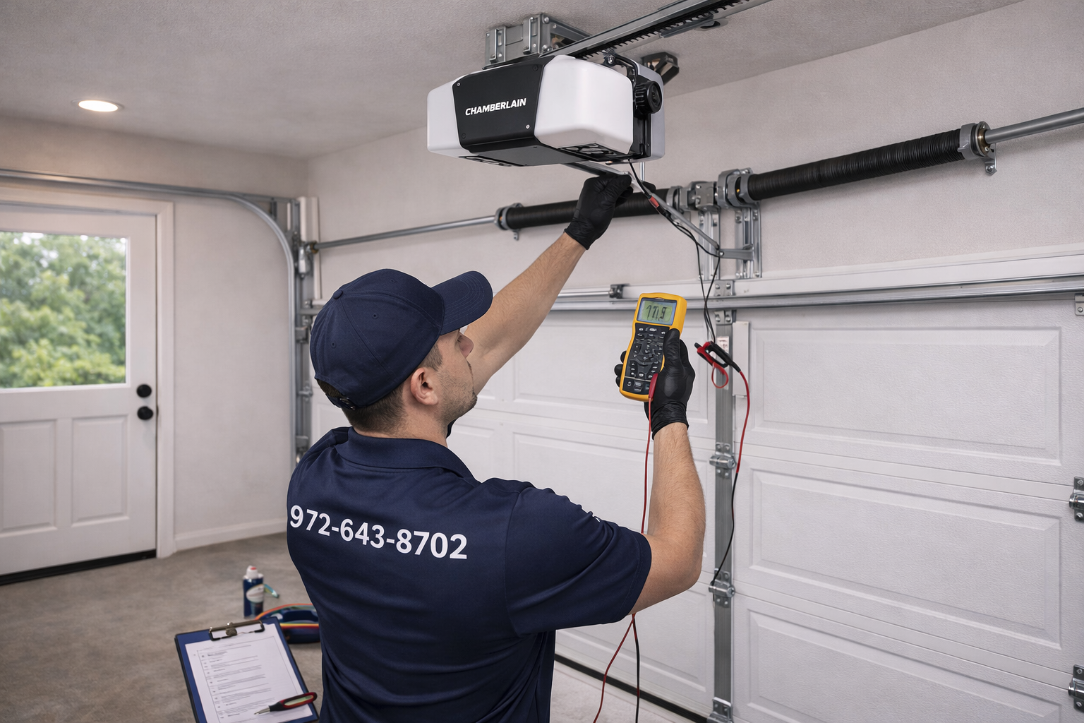 Garage door maintenance technician inspecting opener