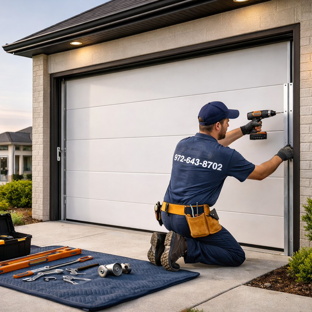 technician installing modern garage door