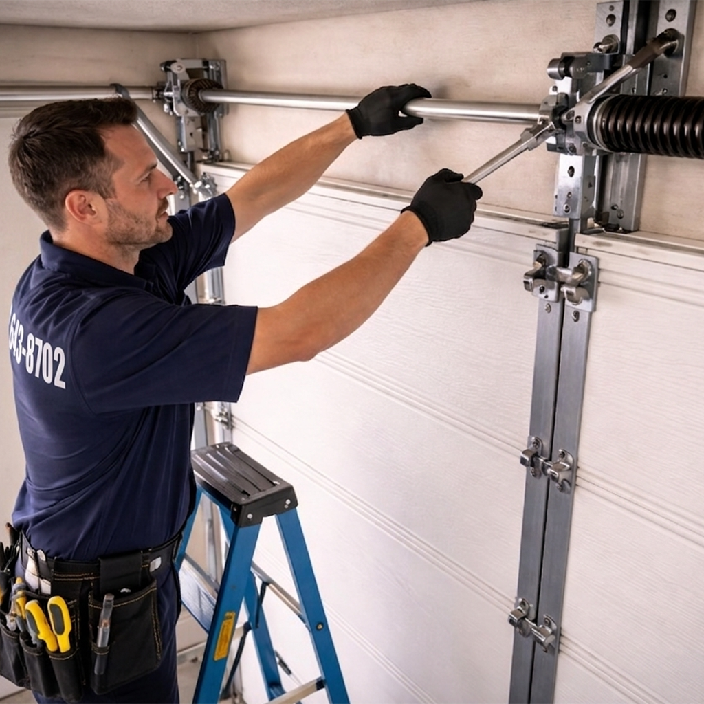 Garage door maintenance with spring adjustment