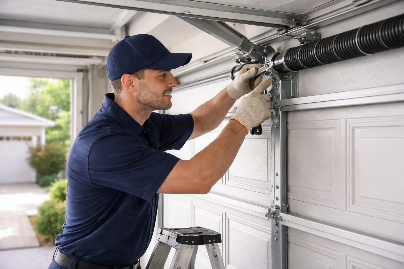 technician inspecting garage door for maintenance