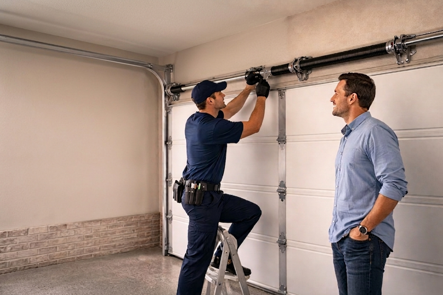 New garage door installation with technician and homeowner