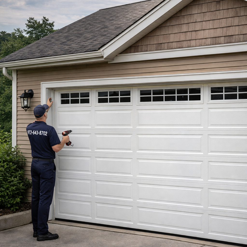 Technician repairing residential garage door