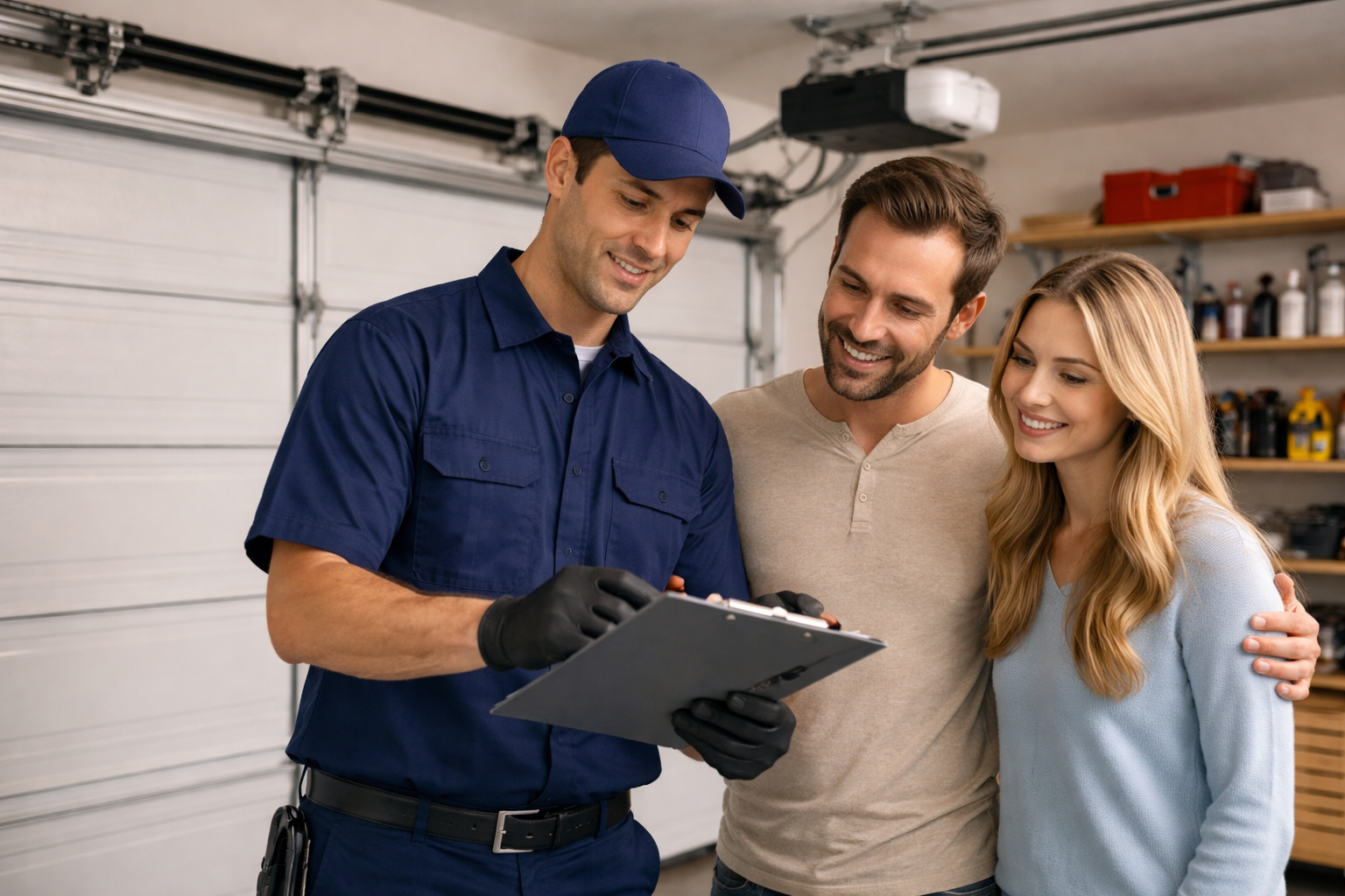 Garage door technician with happy homeowners