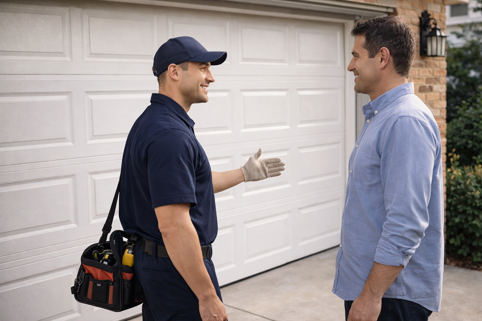 garage door technician with homeowner after repair